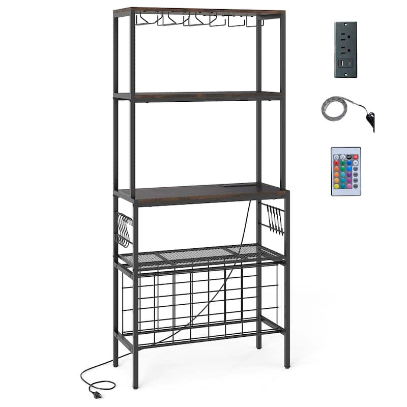 Wine Organizer with Power Outlet and Bottle Holders-Rustic Brown - Rustic Brown
