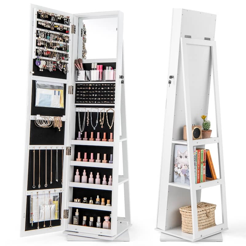 360 Degree Rotating Jewelry Armoire with Full Length Mirror Lockable Cabinet and Storage Shelves Organizer - 17" x 15" x 62.5"