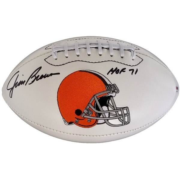 Jim Brown Signed Cleveland Browns Logo Football Inscribed HOF 71 PSA