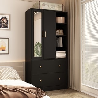 Wardrobe Closet Armoire wi Mirror Scalable Hanging Rod Space