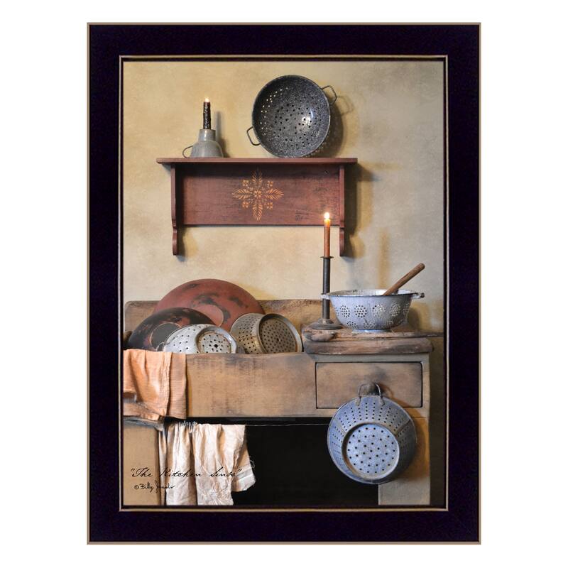 TrendyDecor4U Farmhouse "The Kitchen Sink" Framed Print Wall Art by Billy Jacobs - Brown, Oranges, Tans - 18 x 14 - Black