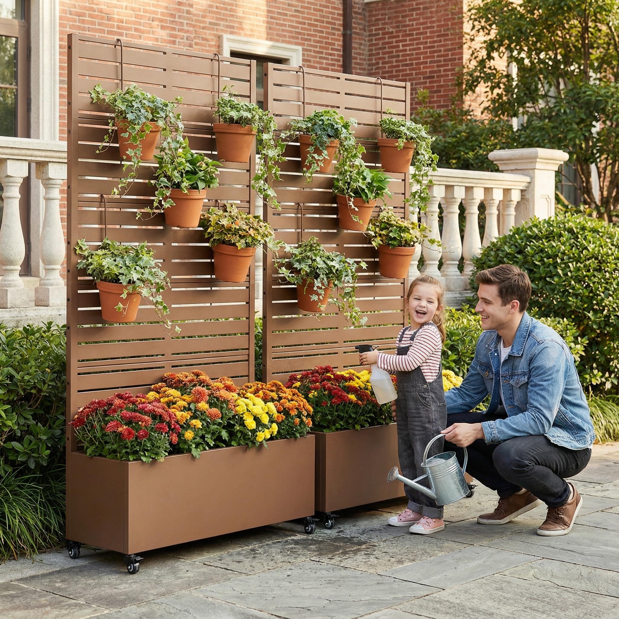 Metal Planter Box with Trellis Privacy Screen Planter Box with Lockable Wheels Set of 2