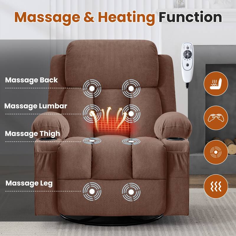 Swivel Rocker Recliner with Vibration Massage Heat USB Port Cup Holders