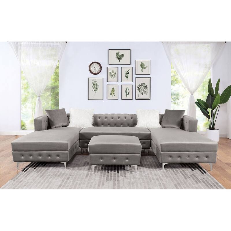 Transitional Style Square Ottoman With Steel Leg Chrome Plated and Button Tufted