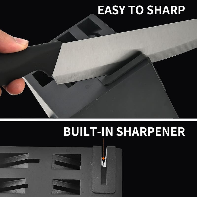 14-Piece Knife Block Set - High Carbon Stainless Steel Kitchen Knives Built-In Sharpener, Black Wood Storage Block
