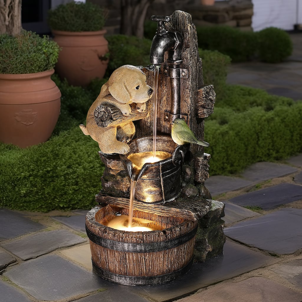 Puppy at the Farmhouse Faucet Resin Outdoor Fountain with Lights
