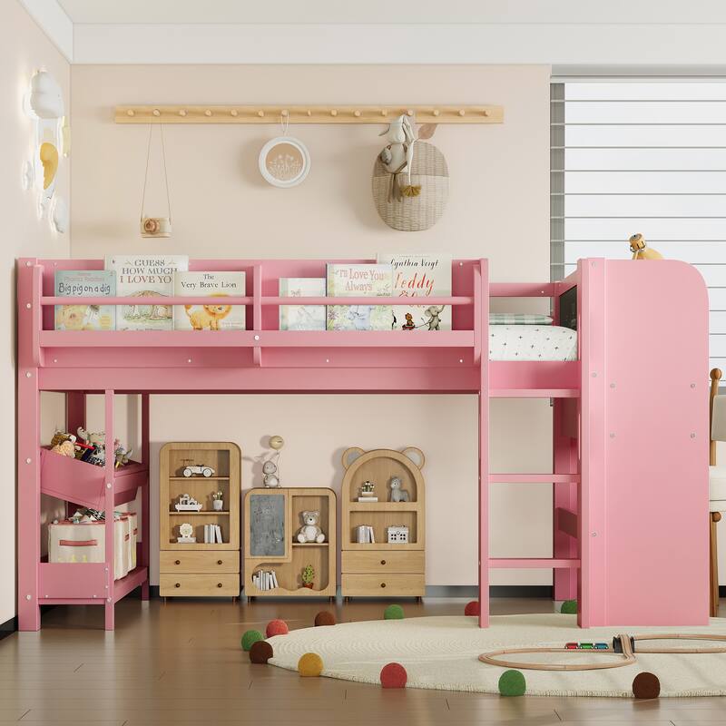 Low Solid Wood Loft Bed with Bookcase, Desk, Drawers and Storage Boxes