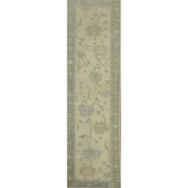 Earth Tone Wool Oushak Vegetable Dye Runner Rug, Floral Geometric Carpet - 13' 4'' X 2' 9''