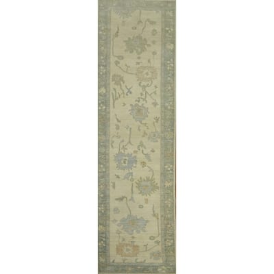 Earth Tone Wool Oushak Vegetable Dye Runner Rug, Floral Geometric Carpet - 13' 4'' X 2' 9''
