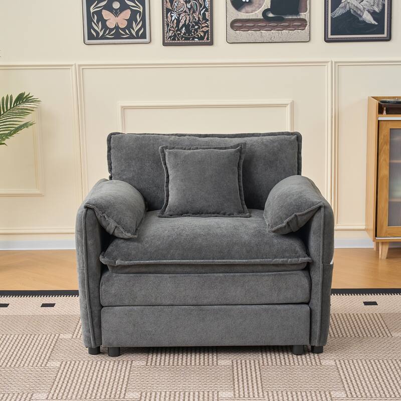 Anmytek Oversized Modern Grey Chenille Armchair with Toss Pillow and Deep Seat
