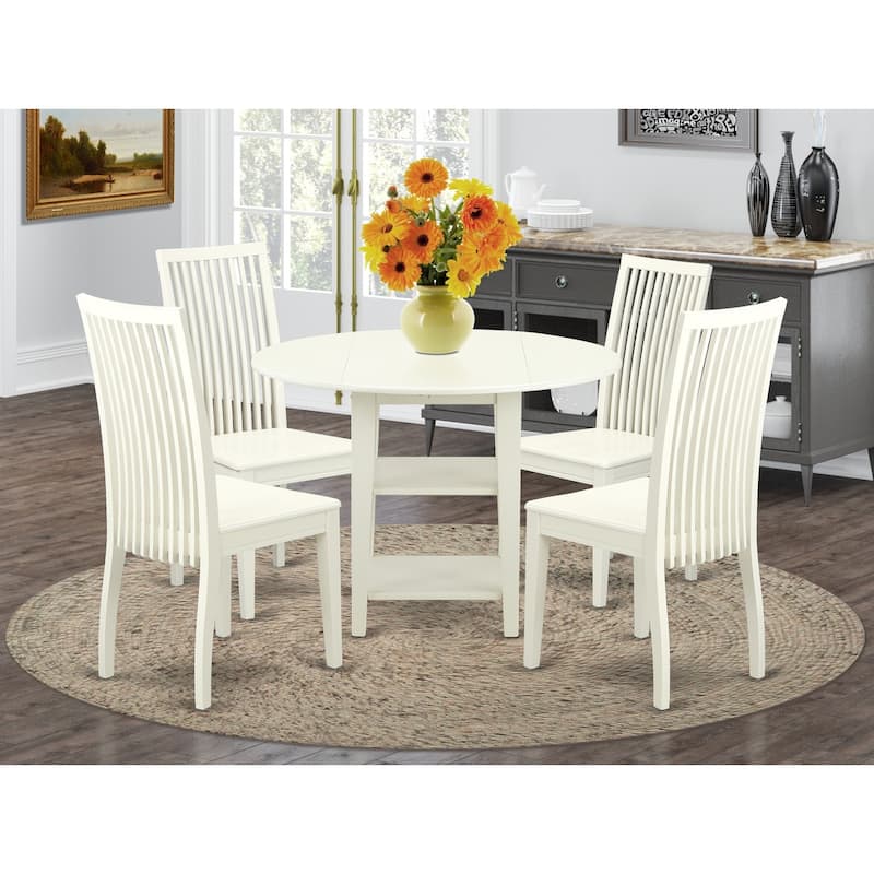 HomeStock 5-Pc Linen White Finish Solid Wood Top - Round Dining Room Set - Seats-4