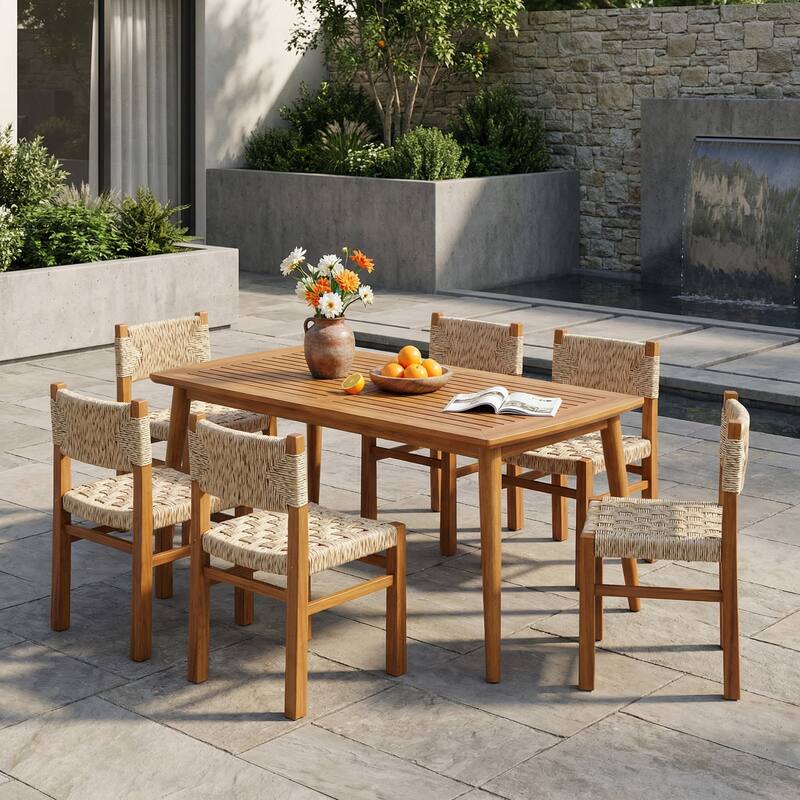 Christopher Knight Home - 7-Piece Acacia Wood Outdoor Dining Table Set with Wicker Woven Dining Chairs - Light Grey+Teak Finish