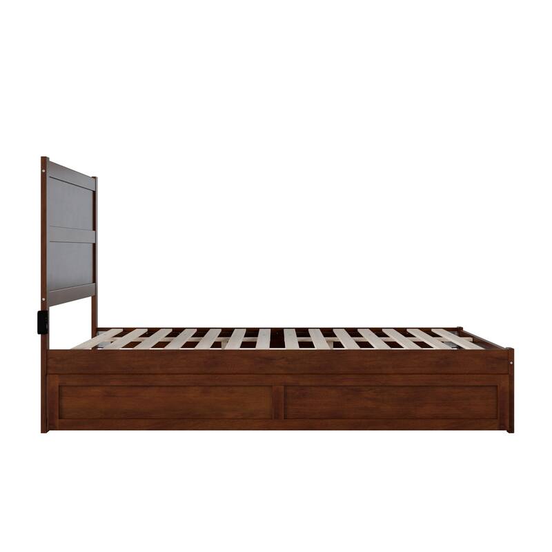 Twin XL Bed with Trundle - Solid Wood Platform Bed, USB Charging, Walnut Finish, 1000 lb Capacity
