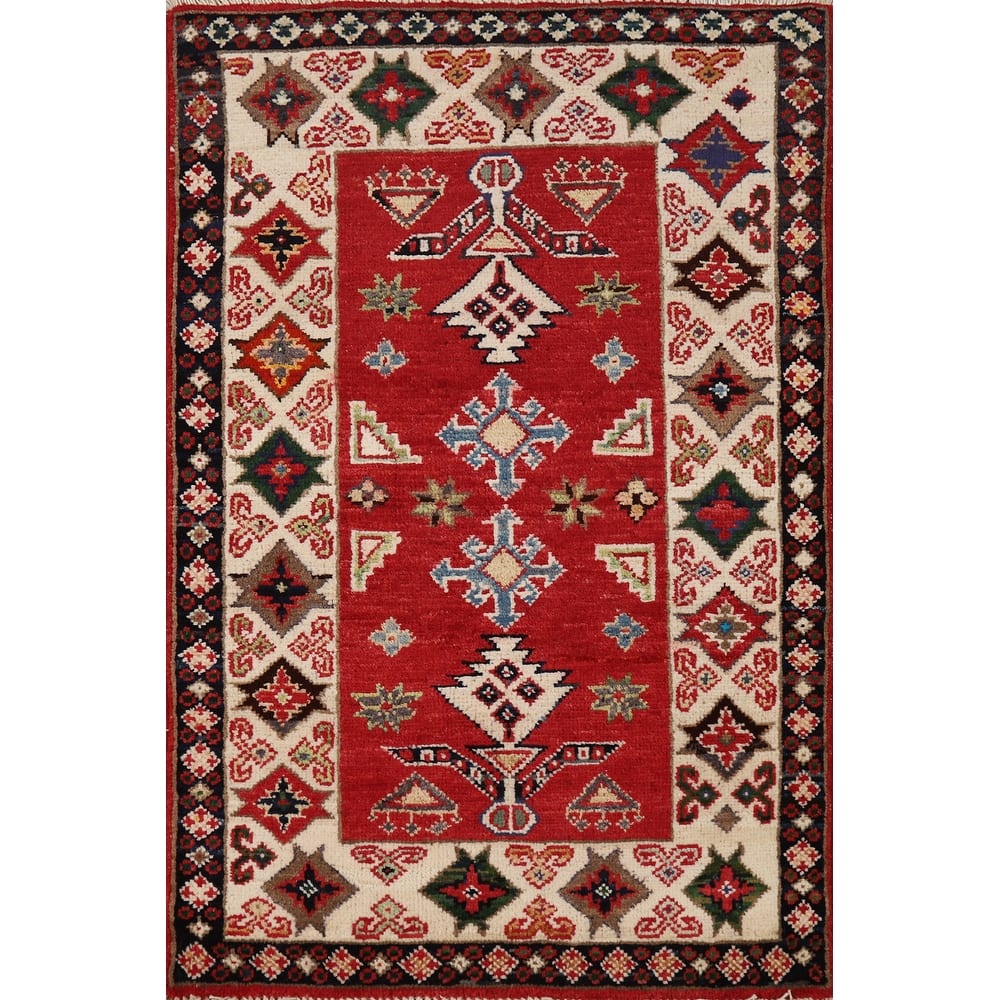 Red Geometric Kazak Oriental Accent Rug Hand-Knotted Wool Carpet - 2'0"x 3'0"