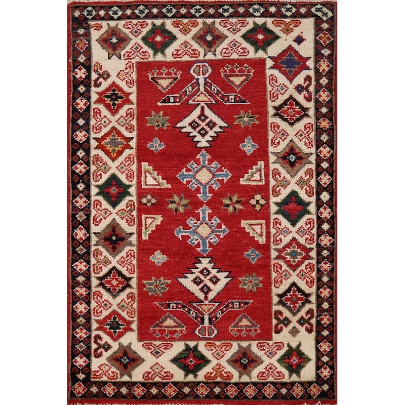 Red Geometric Kazak Oriental Accent Rug Hand-Knotted Wool Carpet - 2'0"x 3'0"