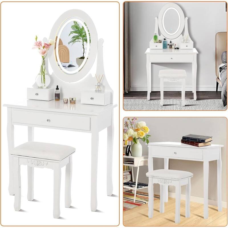 White Vanity Table with Oval Mirror and LED Lighted
