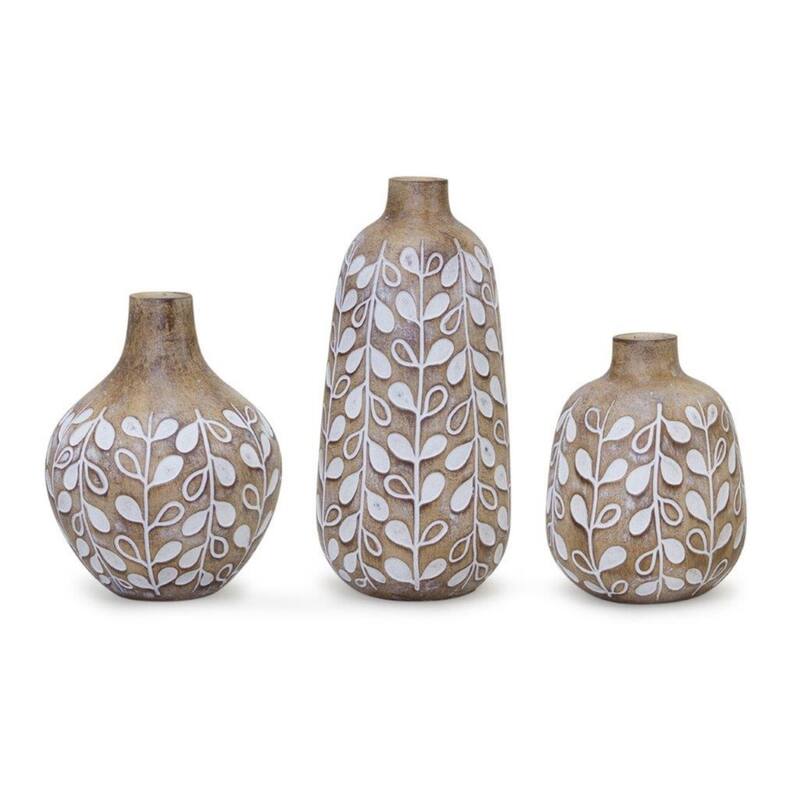 Decorative Brown White Round Vases Set of 3 with Leaf Design - Brown-White