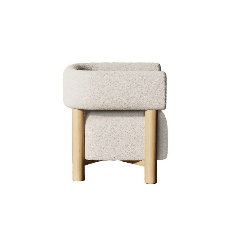 31 Inch Accent Chair, Modern Brown Wood Frame, White Fabric Upholstery