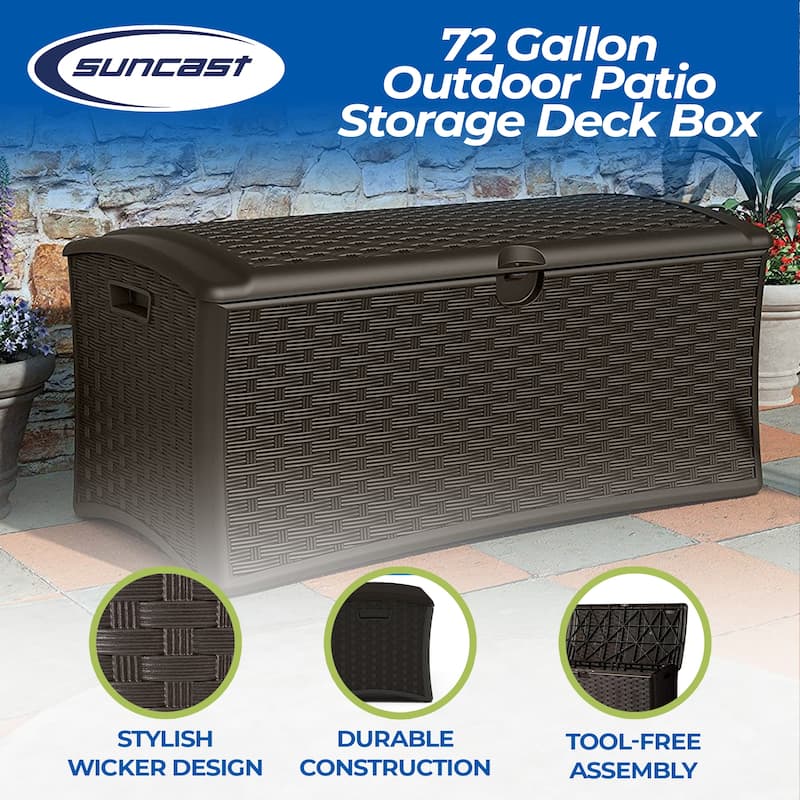Suncast 72 Gallon Capacity Resin Wicker Outdoor Patio Storage Deck Box, Brown - 30.8