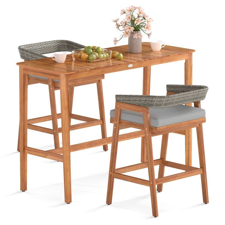 3 Piece Grey Rattan Acacia Wood Patio Bar Set with Cushions and Adjustable Feet - Chair: 22” x 21” x 35” (L x W x H)