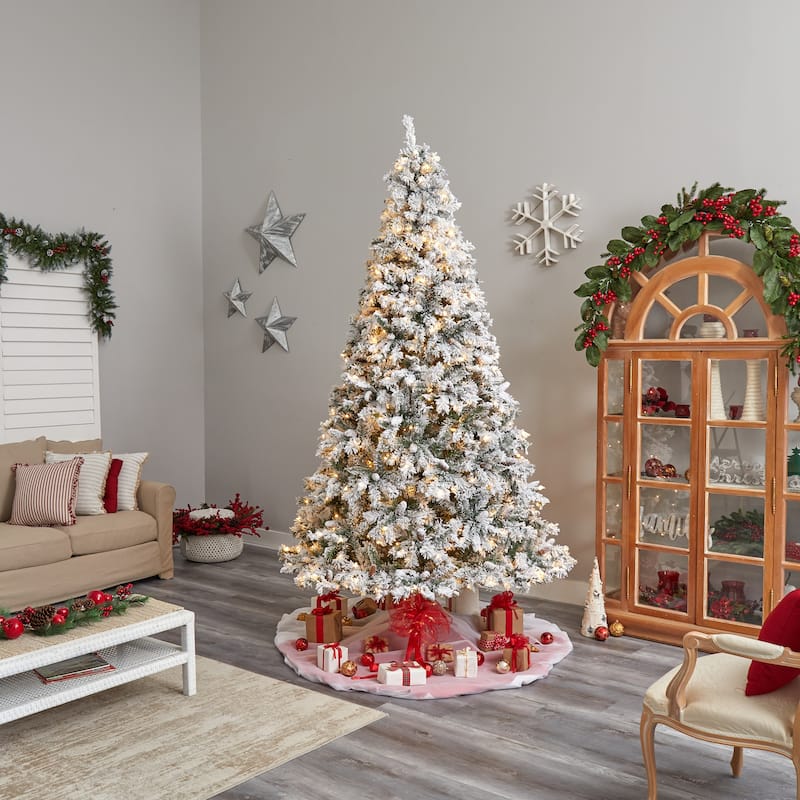 9' Pre-Lit Flocked White River Mountain Artificial Christmas Tree, Clear LED Lights - 9 Foot