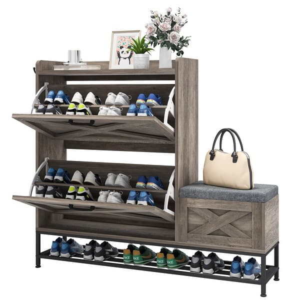 Moasis Farmhouse Shoe Storage Cabinet with 2 Flip Drawers for 16 Pairs Entryway Shoe Storage with Shoe Bench - Washed Grey
