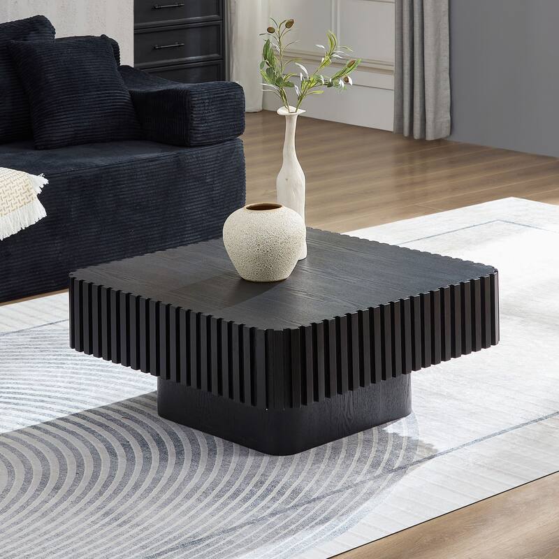 Modern Handcraft Square Coffee Table with Fluted Design - Black