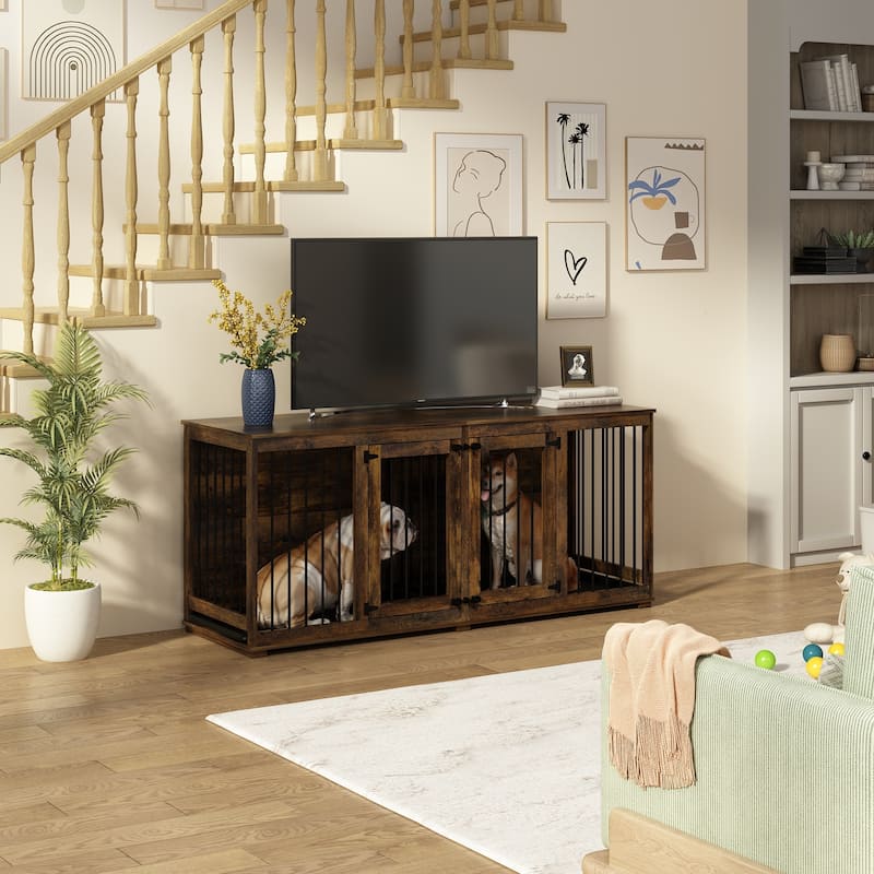 70.9" Modern Home Collection Dual Door Dog Kennel Available in Elegant - Brown