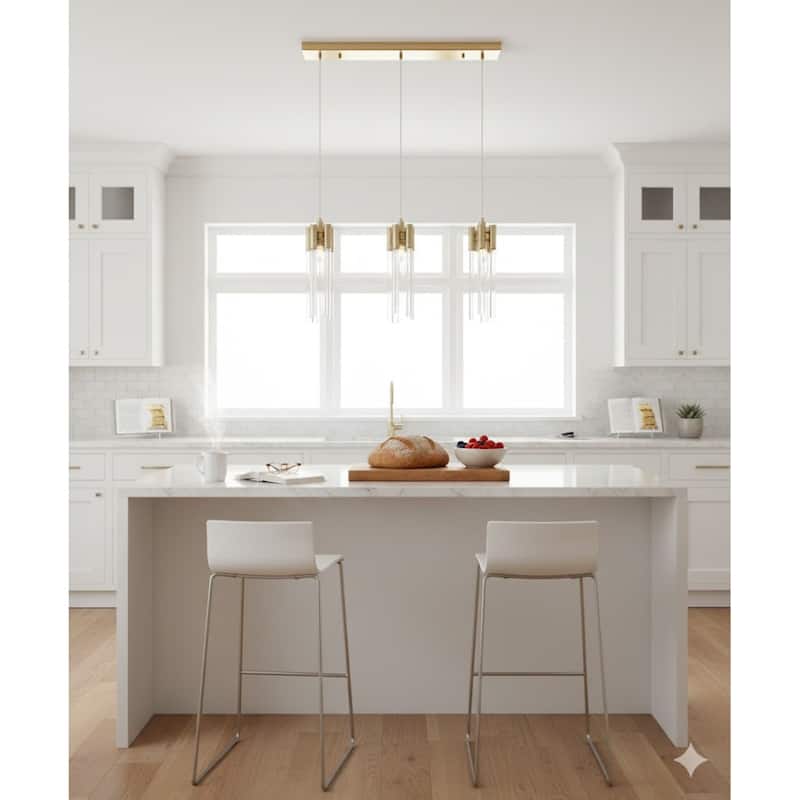 3-Light L31.4" Gold Frame Three Light Pendant Fixture with Clear Glass Tubing