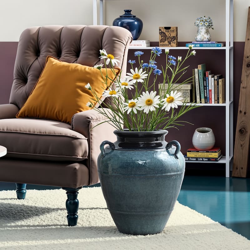 Rippled Blue with Brown Round Ceramic Vase, Home Decor Tabletop & Floor Accent