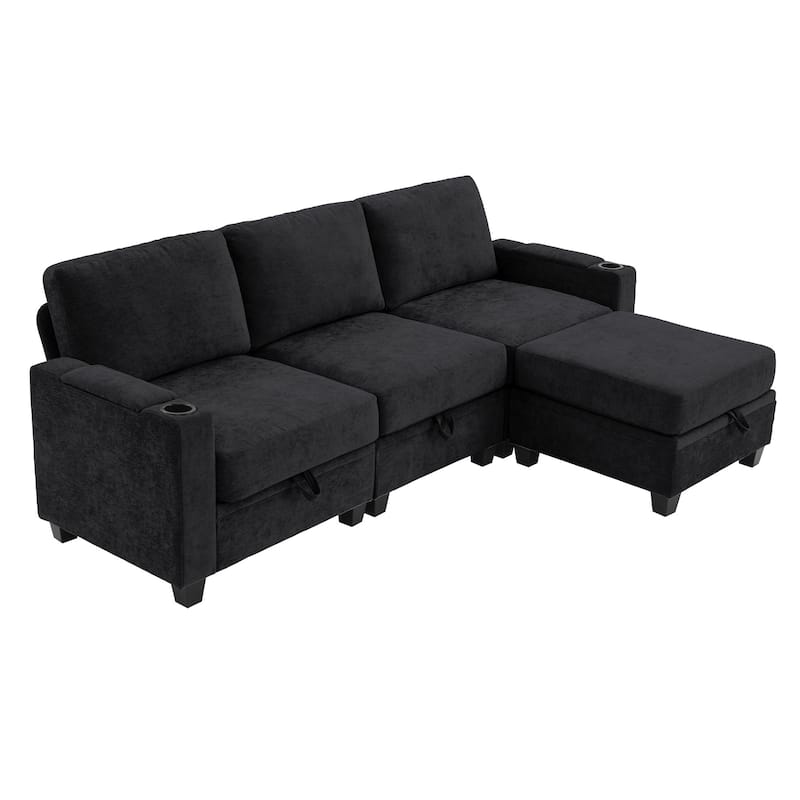 Chenille Sectional Sofa, Hidden Storage & Modular Design - 3-Seater & 1 Ottoman - Black