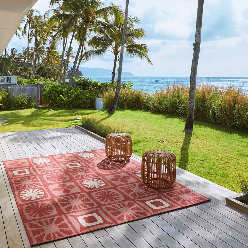 Reyn Spooner Kona Coast Oahu Red Tropical Tribal Patchwork Flatweave Indoor/ Outdoor Area Rug
