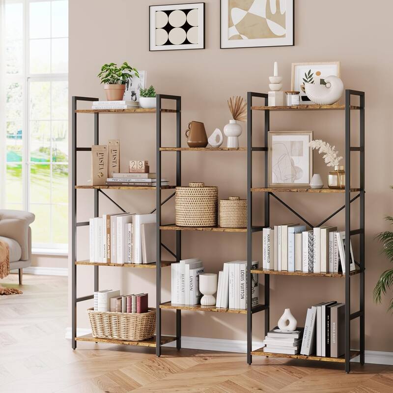 Triple Column 4-Tier Bookshelf, Bookcase with 11 Open Storage Display Shelves
