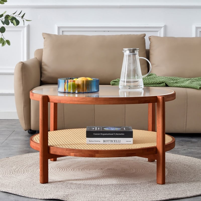 Solid Wood Round Coffee Table with Rattan Woven Shelf