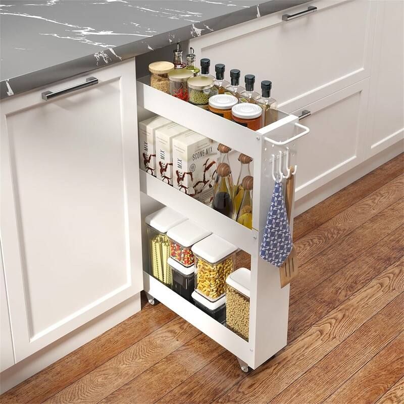 Storage Cart 5 in Width 4Tier White Rolling Cart with Handle