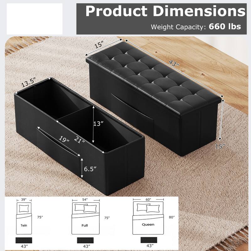 43 Inch PU Leather Storage Ottoman Bench with 38 Gallon Capacity Removable Divider and Foam Cushion for Living Room Entryway