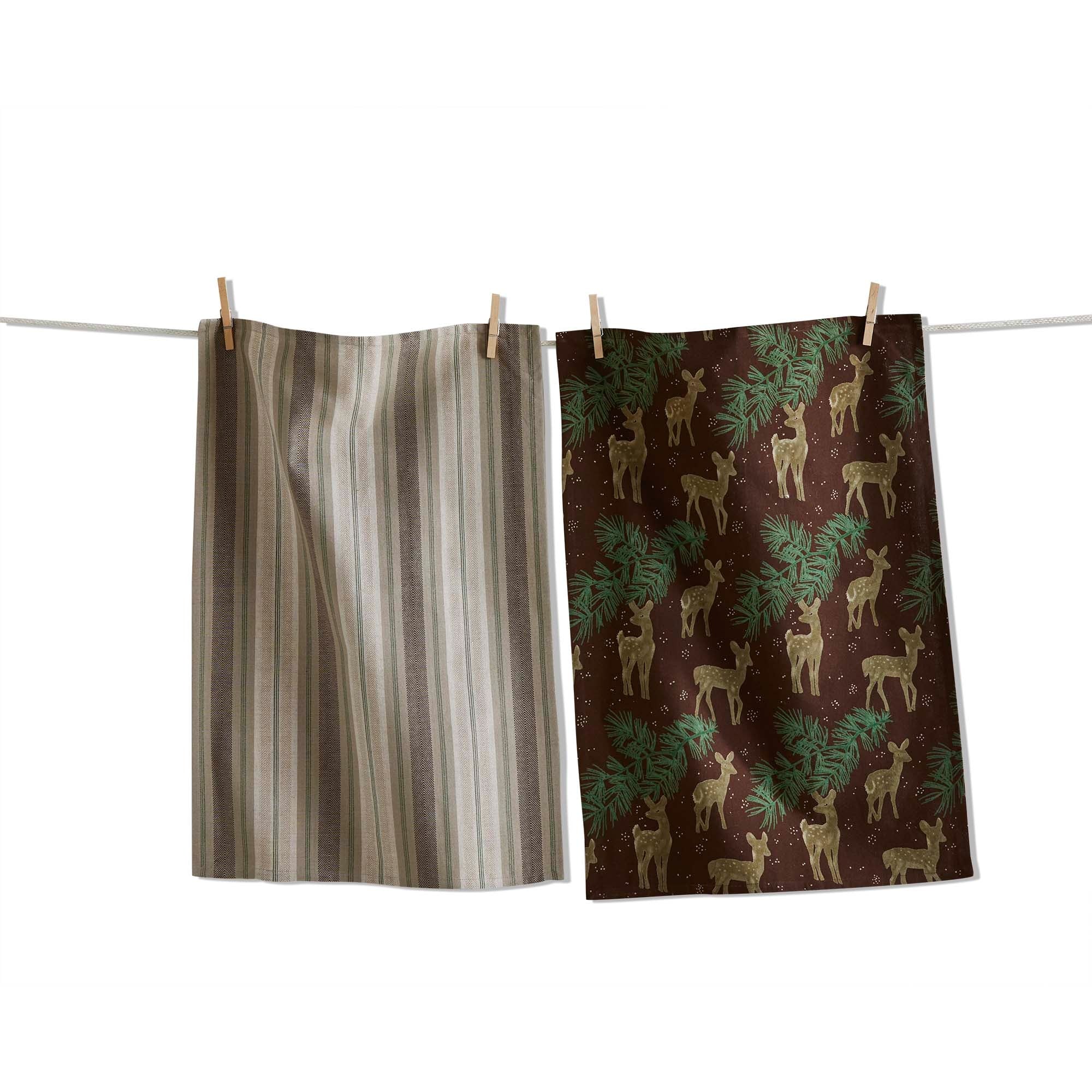 Wilde Pine Deer Dishtowel Set - Christmas Kitchen Towels, Cotton, Brown Multi, Machine Washable, 26" x 18"