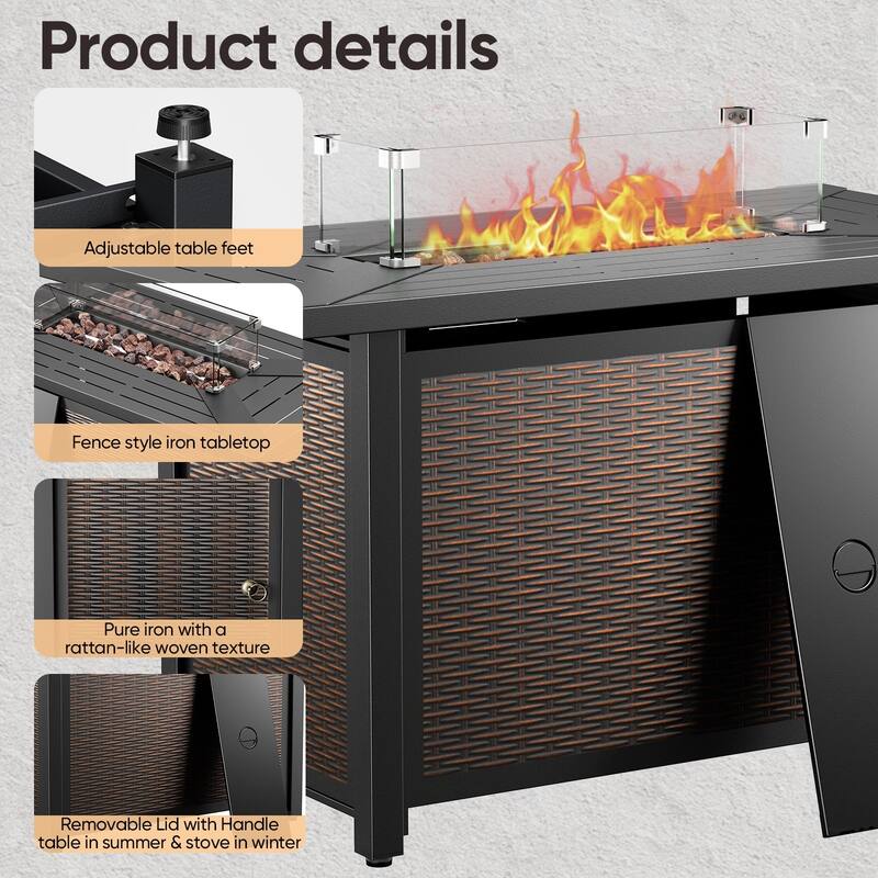 Outdoor Propane Fire Pit Table - 55000 BTU, Adjustable Flames - Rectangle