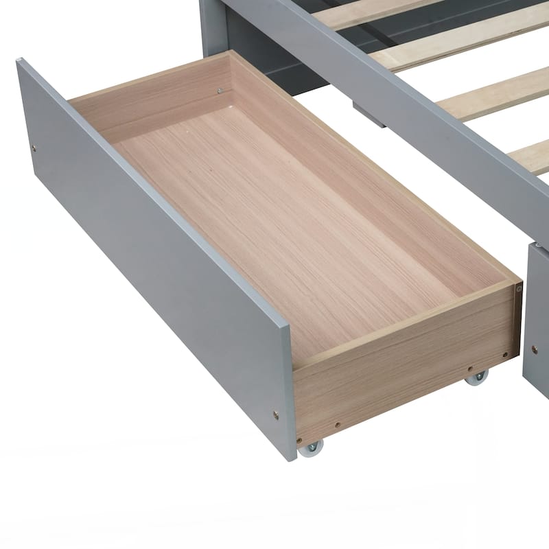 Twin Size Bed with 2 Drawers, Solid Rubber Wood Bed