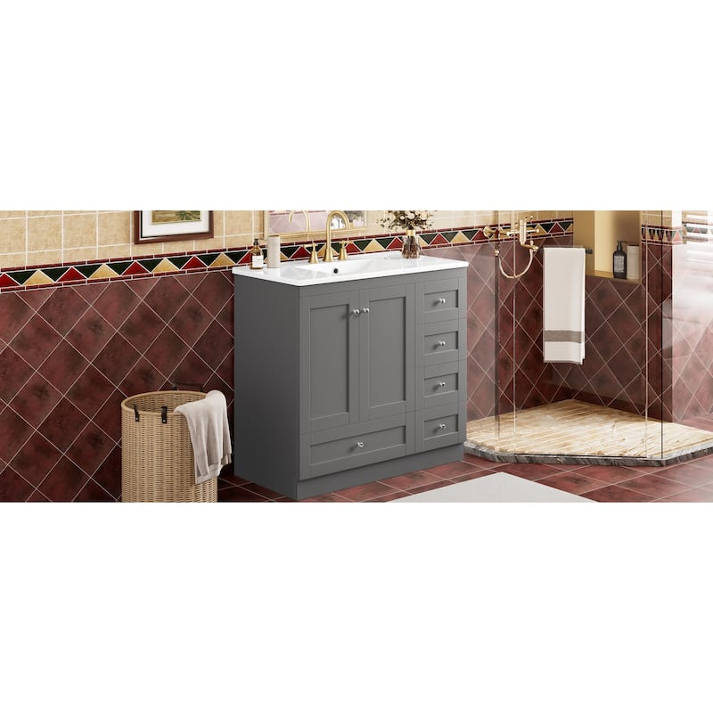 GDFStudio - Vega Wood & Ceramic 36" Shaker Style Bathroom Vanity with Sink, 4 Drawers & 2 Doors