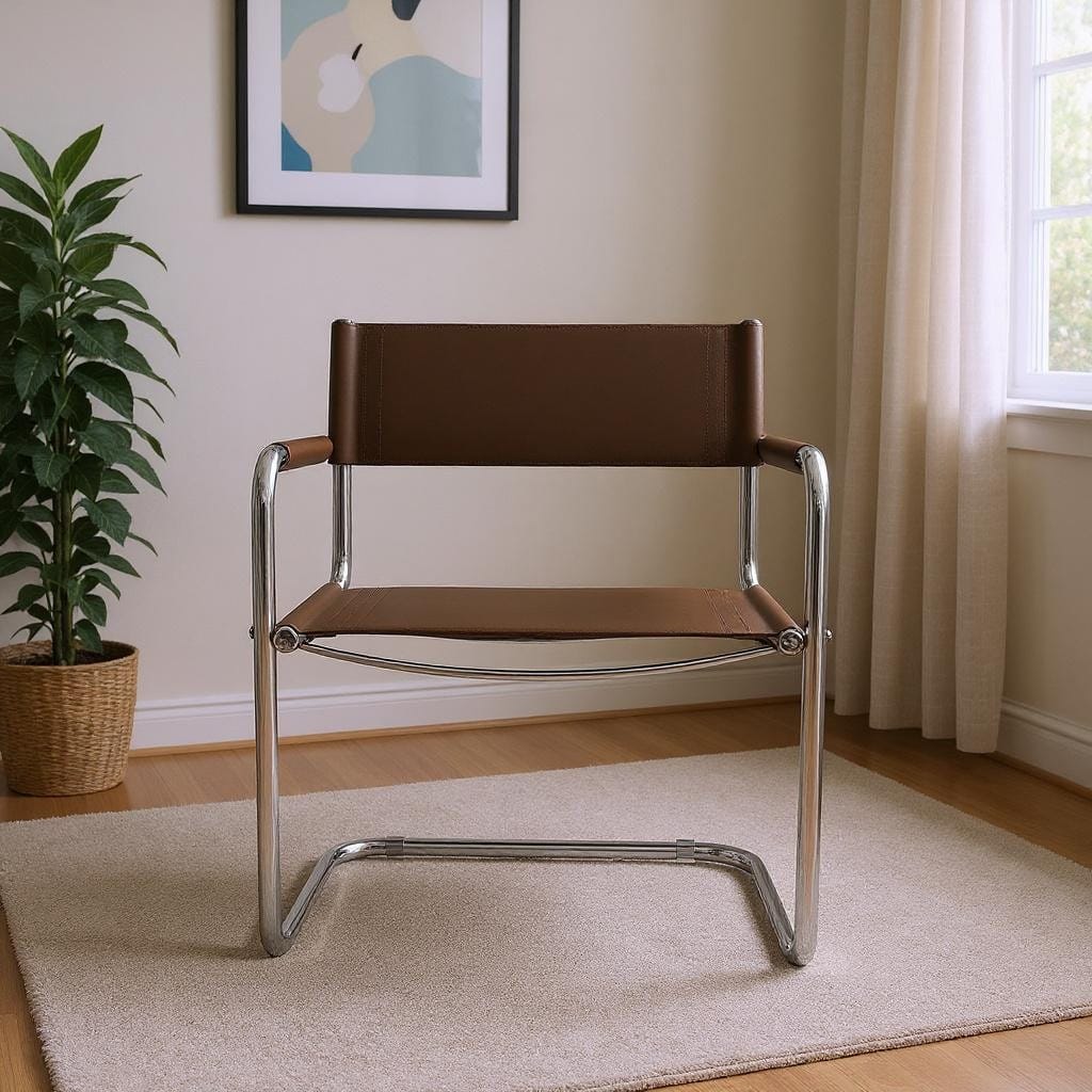 HomeRoots 23" Chocolate and Silver Leather and Stainless Steel Arm Chair - 22.95 in. x 31.30 in. x 23.62 in.