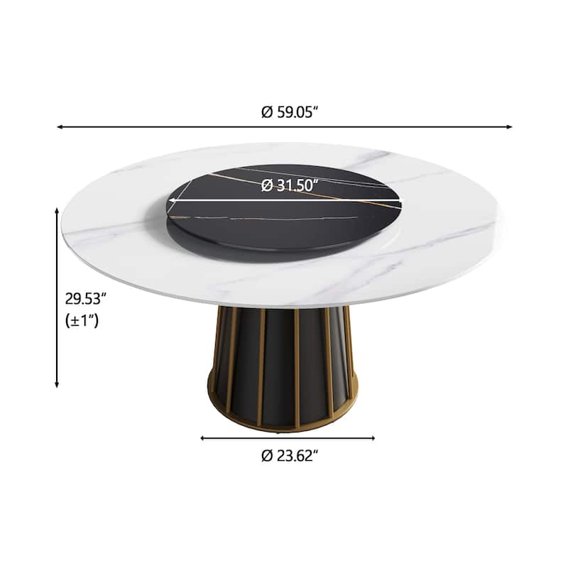 59'' White Round Dining Table with Lazy Susan, Sintered Stone Tabletop - N/A