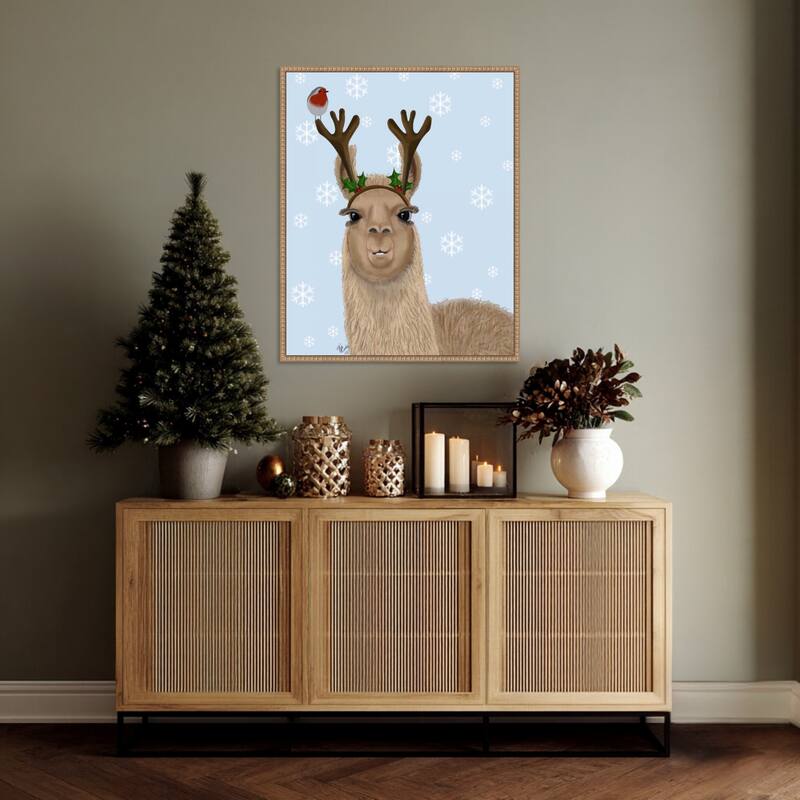 Llama Antlers by Fab Funky (23 x 28 in.), Framed Canvas Wall Art Print - Sylvie Beaded Rustic Natural