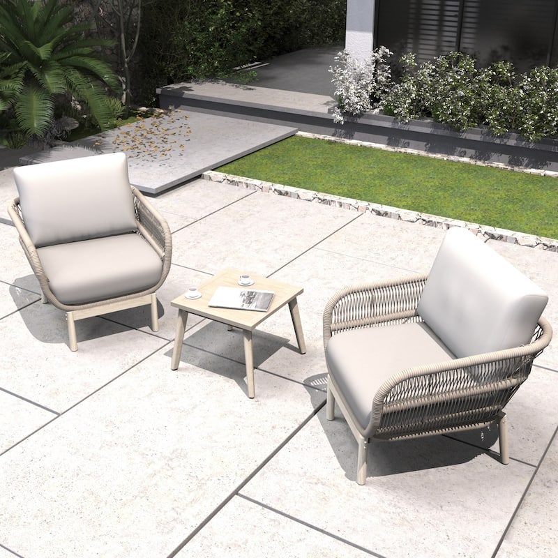 3-Piece Modern Outdoor Acacia Wood Chair Set with Armrest and Side Table - Wood