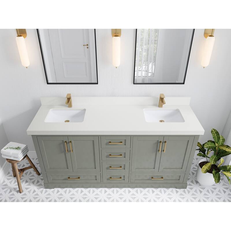 Willow Collection 72 in W x 22 in D x 36 in H Boston Double Bowl Sink Bathroom Vanity with Countertop - 2"White Quartz - Evergreen