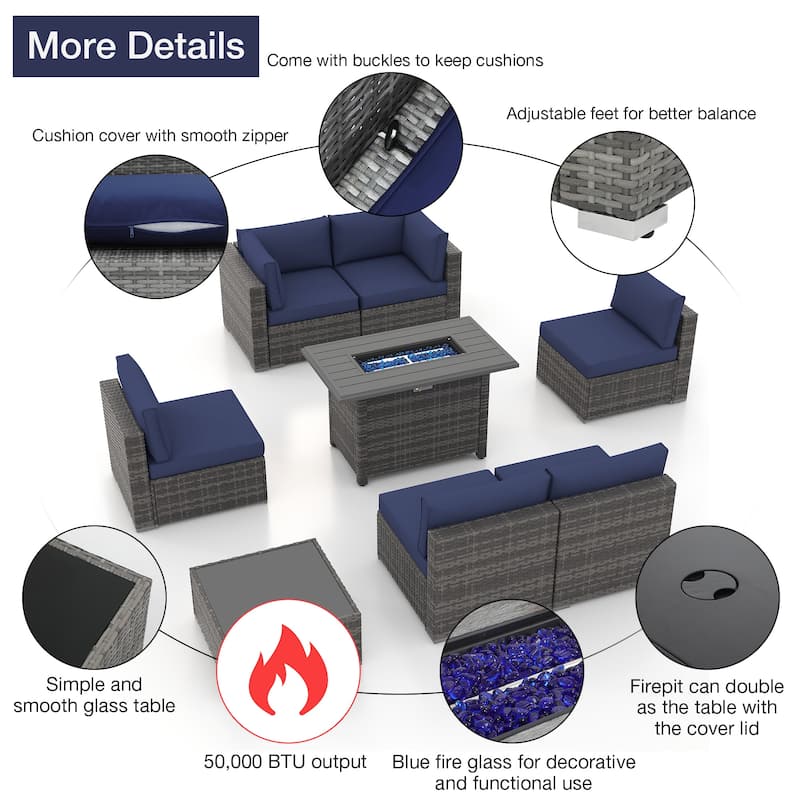 Outdoor 8 Pieces Sectional Wicker Sofa Set with Fire Pit