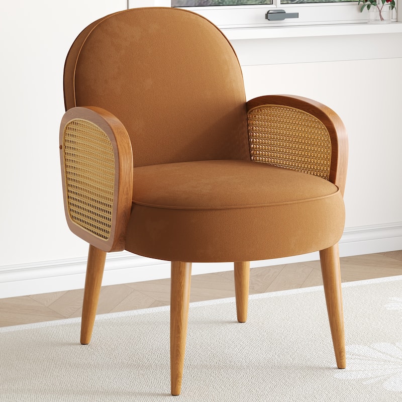 Velvet Accent Chair with Rattan Armrests - Brown