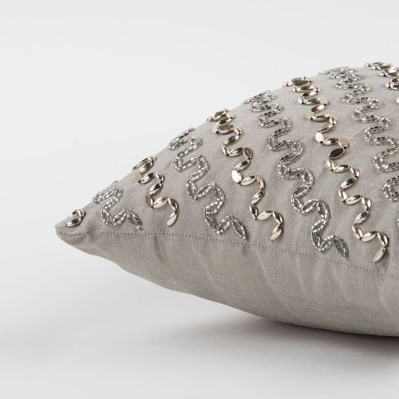 Rizzy Home Silver and Light Grey Hand-beaded Wave Throw Pillow