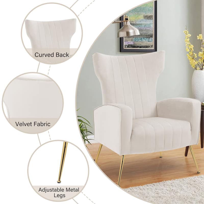 Mid-Century Velvet Wingback Accent Chair with Metal Legs