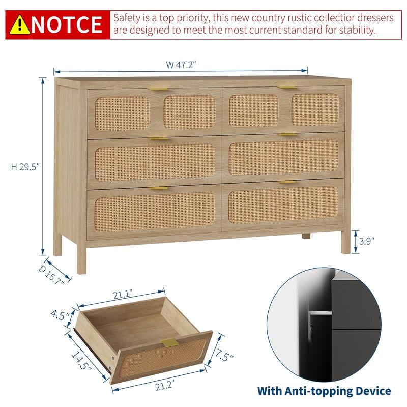 6 Drawer Dresser, Rattan Dresser for Bedroom, Farmhouse Wood Storage Chest of Drawers